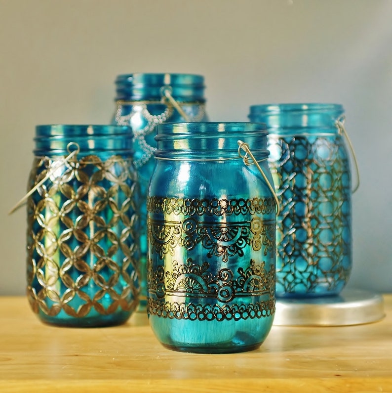 Boho Decor Mason Jar Centerpieces Candle Lantern Centerpiece Console Table Mason Jar Decor Bohemian Decor Glass Vase Tea Light Holder image 5