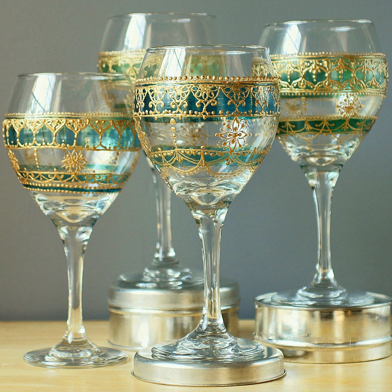 Four Handpainted, Moroccan Inspired Wine Glasses with Green Glass Details and Golden Accents image 3