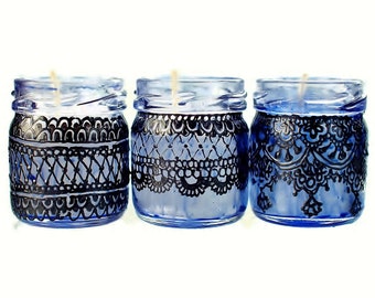 Gift Set of Three Moroccan Inspired Mini Jar Candles- Blue Glass with Black Lace Detailing