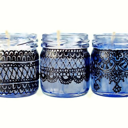 Gift Set of Three Moroccan Inspired Mini Jar Candles- Blue Glass with Black Lace Detailing