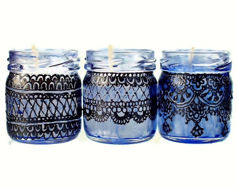 Gift Set of Three Moroccan Inspired Mini Jar Candles Blue Glass with Black Lace Detailing image 1