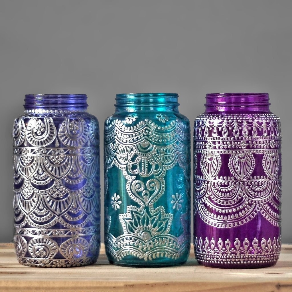 Henna Mason Jar Lantern Bohemian Decor, Personalized Centerpiece