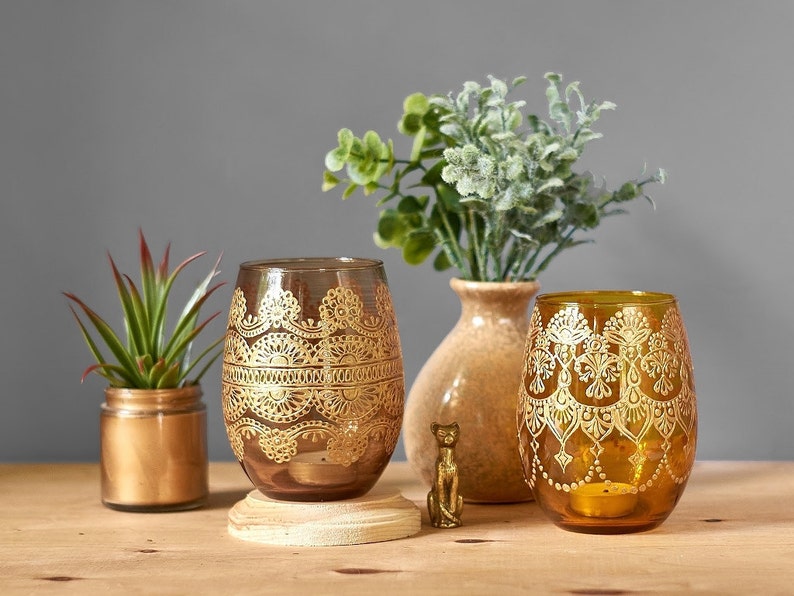 Henna Apothecary Jars Farmhouse Table Votive Candle Holder Housewarming Gift Hippie Decor Shabby Chic Decor Bedside Table Tealight Holder image 4