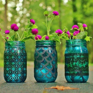 Boho Decor Mason Jar Centerpieces Candle Lantern Centerpiece Console Table Mason Jar Decor Bohemian Decor Glass Vase Tea Light Holder image 1