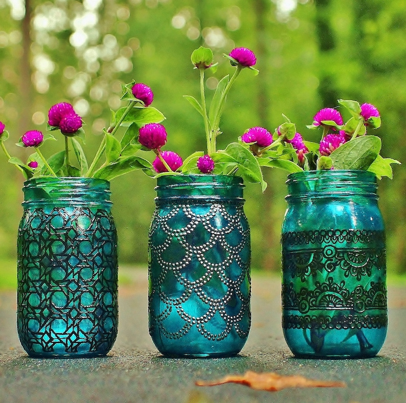 Boho Decor Mason Jar Centerpieces Candle Lantern Centerpiece Console Table Mason Jar Decor Bohemian Decor Glass Vase Tea Light Holder image 1