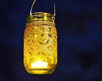 Wanderlust Garden Porch Decor Mason Jar Lights Hippie Decor Candle Lantern Boho Decor Henna Hanging Lantern Votive Candle Holder