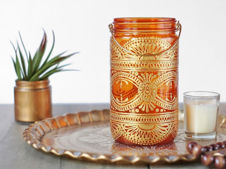 Henna Candle Lantern Bohemian Decor Mason Jar image 1