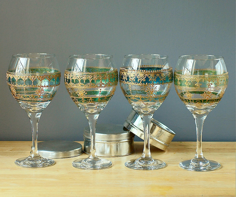 Four Handpainted, Moroccan Inspired Wine Glasses with Green Glass Details and Golden Accents image 2