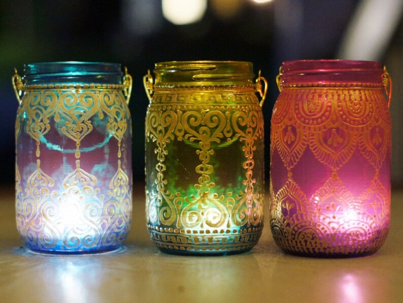 Moroccan Lanterns Henna Painted Mason Jars Mehndi Decor Tea Etsy