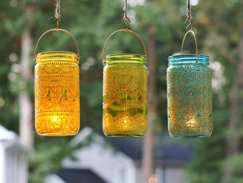 Mason Jar Lights Moroccan Decor Votive Candle Holder Hippie Decor Mason Jar Lamp Henna Candle Lantern Moroccan Lantern Hanging Lantern image 3