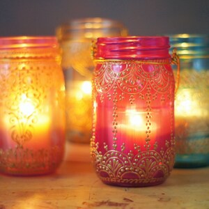 Boho Decor Henna End Table Candle Lantern Centerpiece Mason Jar Decor Votive Candle Holder Bohemian Decor Tealight Holder Shabby Chic Decor image 5