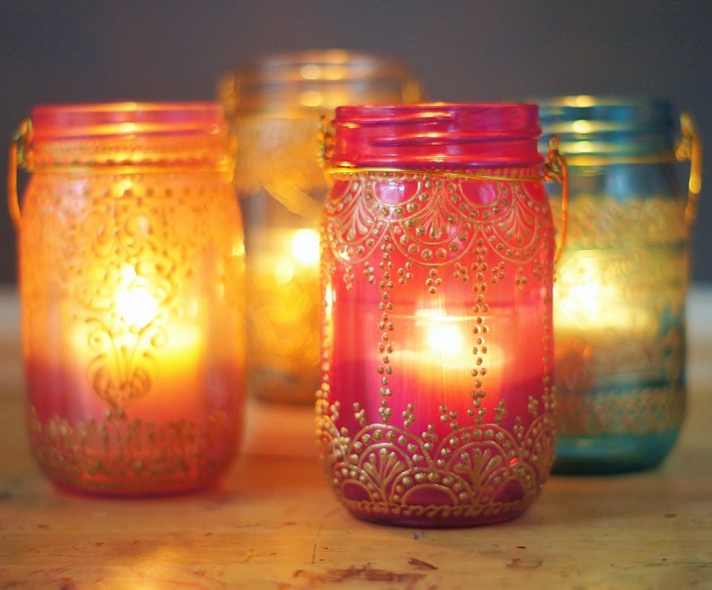 Boho Decor Henna End Table Candle Lantern Centerpiece Mason Jar Decor Votive Candle Holder Bohemian Decor Tealight Holder Shabby Chic Decor image 5