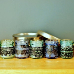 Gift Set of Three Moroccan Inspired Mini Jar Candles Blue Glass with Black Lace Detailing image 4