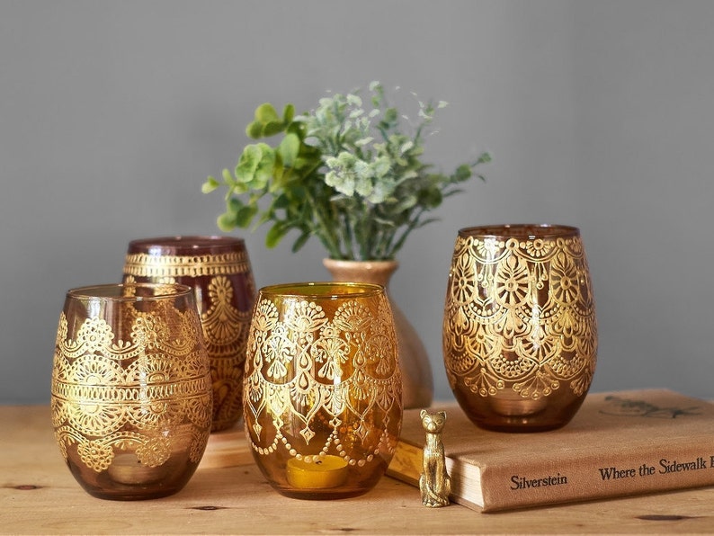 Henna Apothecary Jars Farmhouse Table Votive Candle Holder Housewarming Gift Hippie Decor Shabby Chic Decor Bedside Table Tealight Holder image 2