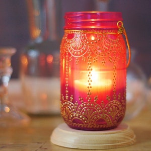 Boho Decor Henna End Table Candle Lantern Centerpiece Mason Jar Decor Votive Candle Holder Bohemian Decor Tealight Holder Shabby Chic Decor image 2