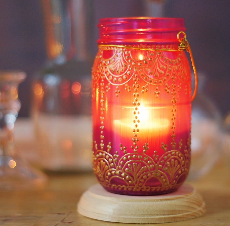 Boho Decor Henna End Table Candle Lantern Centerpiece Mason Jar Decor Votive Candle Holder Bohemian Decor Tealight Holder Shabby Chic Decor image 2