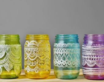 Festliche Spring Mason Jars- Ostereier Freimaurer Vasen, Bemalter Mason Jar Dekor, Boho Glas Laternen, Henna Design Vasen, Frühling Home Decor