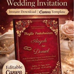 Plantilla elegante para invitación de boda malaya / Editable en Canva / Diseño floral rojo y dorado / Descarga instantánea