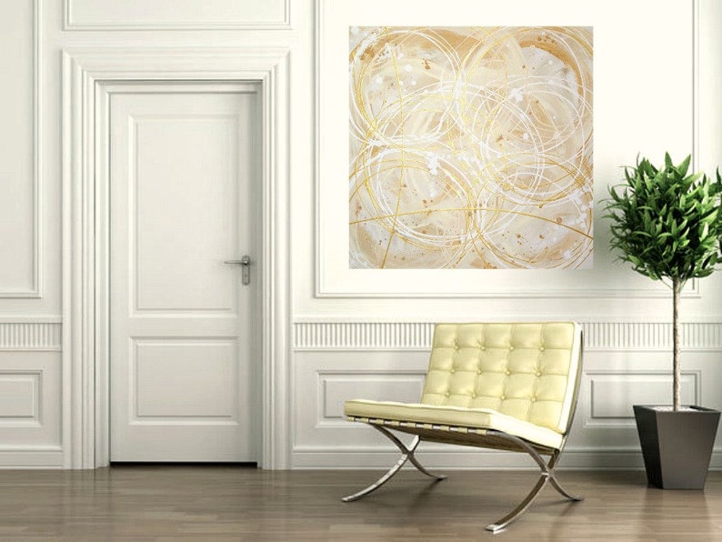 Art and Collectibles, Art, Painting,Abstract,Acrylic,Canvas Art, Gold Original Painting by Ora Birenbaum Titled: Soft Golds 36x36x1.5 image 1