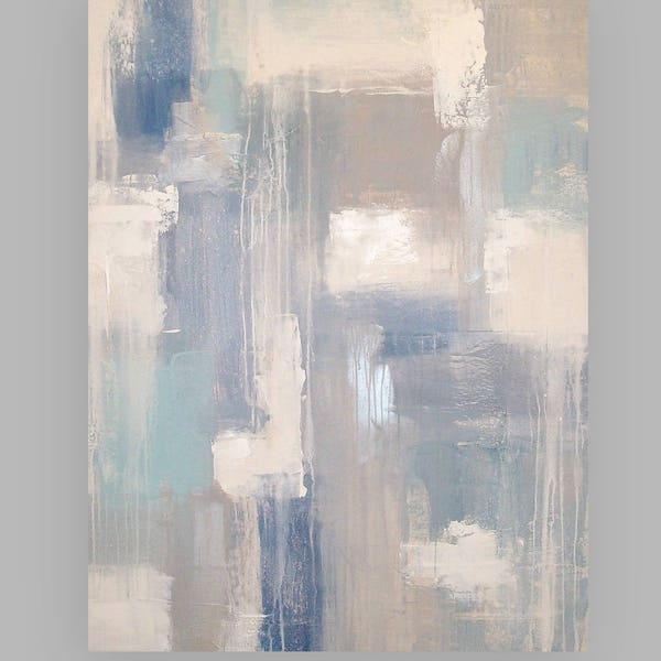 Ora Birenbaum Art, Paintings, Blue, Silver, Gray, Abstract, Art Acrylic Abstract Painting on Canvas Titled: Silver Rain 30x40x1.5"