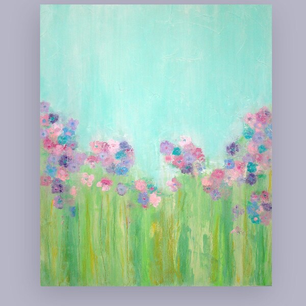 Large Floral Abstract Garden Painting in Pastels Titled: April Showers 2 30x36x1.5" by Ora Birenbaum