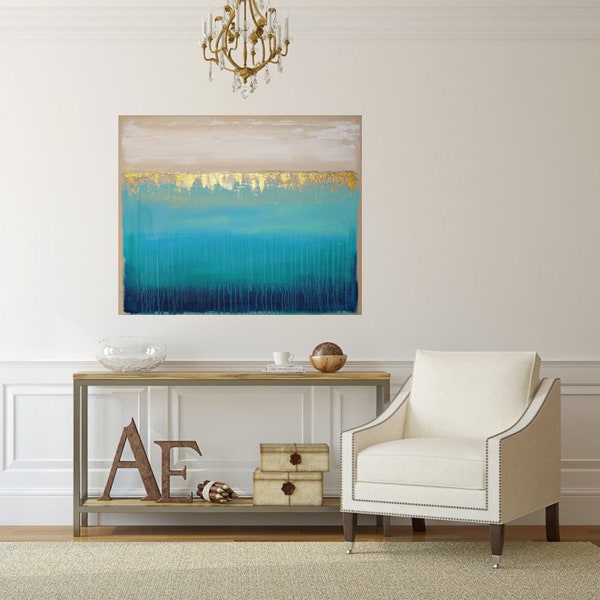 Art, Acrylic, Original, Abstract, Painting, Teal, Turquoise, Seascape, by Ora Birenbaum Titled: Into the Abyss 13 30x36x1.5"