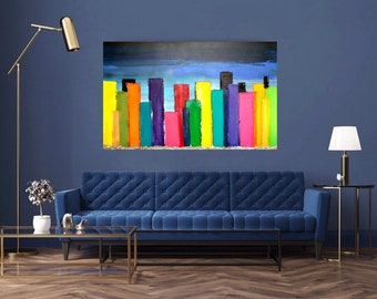 Cityscape, Acrylic Paintings, Art,Painting,Abstract,Original Abstract Painting,Ora Birenbaum,Fine Art Canvas Title: City Lights 30x48x1.5"