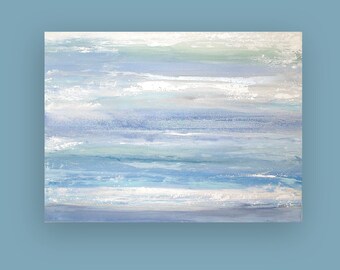 Large Seascape, Original, Acrylic, Abstract, Painting Fine Art Blue and Silver Original Art by Ora Birenbaum Titled: On A Cloud 30x40x1.5"