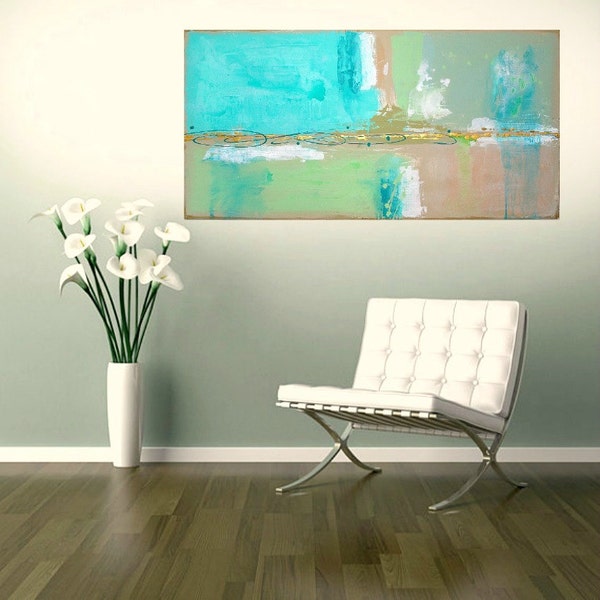 RESERVED Art Abstract Acrylic Painting Aqua and Taupe Fine Art Titled: BEACH GLASS 10 24x48x1.5" by Ora Birenbaum