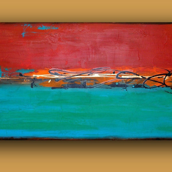 Turquoise and Red Abstract Acrylic Painting URBAN II.  24x48x3/4".  Ora Birenbaum Original Abstract Painting.