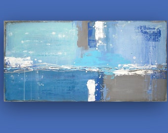 Blue and Gray Abstract Acrylic Painting Titled: DENIM BLUES 24x48x1.5"