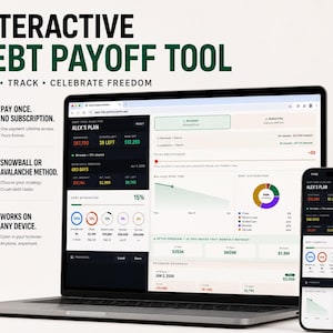 May include: A laptop and smartphone displaying an interactive debt payoff tool. The screen shows financial data, charts, and graphs. Text on the screen includes "Interactive Debt Payoff Tool" and "Alex's Plan". The smartphone mirrors the laptop's interface.
