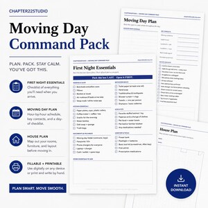 Könnte beinhalten: Ein digitales Moving Day Command Pack Dokumentenset mit einer First Night Essentials Checkliste, einem Moving Day Plan und einem House Plan. Die weißen Seiten enthalten dunkelblauen Text, Überschriften und Symbole zur Umzugsplanung.