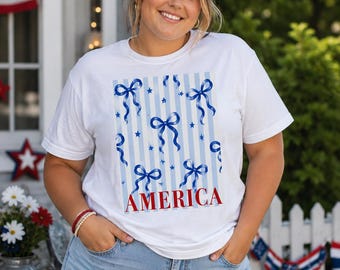 Patriotisk rosett-t-shirt, fjärde juli-tröja för kvinnor, söt USA-grafik-t-shirt, amerikansk t-shirt, mjuk Gildan 64000 Americana-tröja