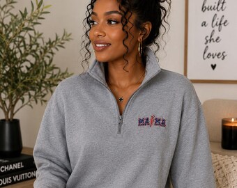 Mama Quarter Zip Pullover , Embroidered Sweatshirt , Cozy Womens Fleece Zip Up , Trendy Mom Gift
