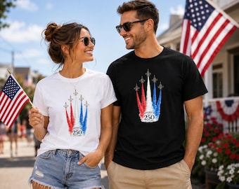 250th Anniversary Jet Flyover Unisex T-Shirt  Red White Blue Smoke Trails