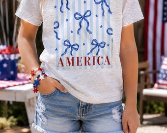 Girls Fourth of July Shirt, Patriotic Bow Tee for Kids, America Coquette Shirt, Bella Canvas Youth Tee, Cute Americana