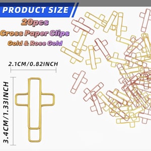 May include: A set of 20 gold and rose gold cross-shaped paper clips. Each clip measures 2.1 cm in width and 3.4 cm in height. The text on the image reads: PRODUCT SIZE, 20pcs, Cross Paper Clips, Gold & Rose Gold, 2.1CM/0.82INCH, 3.4CM/1.33INCH.