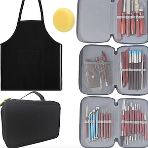 May include: A black apron, a yellow circular sponge, and three zippered cases containing a variety of sculpting tools with wooden and blue handles, metal loops, wire brushes, and blades organised in elastic loops and mesh pockets.