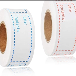 May include: Two rolls of white adhesive labels with rectangular borders. One roll features blue dashed borders with the printed text Date: and Contents:. The other roll features red dashed borders with the same printed text Date: and Contents:.