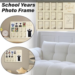 May include: A light-coloured wooden school years photo frame featuring twelve small rectangular slots labelled Kindergarten through 11th grade, and one larger slot on the right labelled My School Year and Senior Year with a graduation cap illustration.