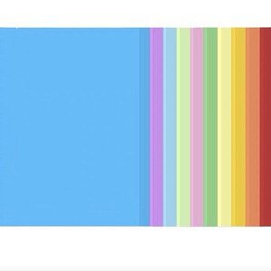 May include: A collection of rectangular paper sheets arranged in a fan-like gradient pattern. The colours transition from a large light blue section on the left through shades of purple, pink, green, yellow, and orange, ending with a deep red edge.