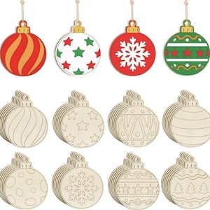 May include: A collection of round Christmas ornaments featuring four finished designs in red, white, and green with patterns including swirls, stars, snowflakes, and stripes, alongside several stacks of unfinished wooden cutouts with matching designs.