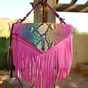 Pink Python Snakeskin Fringe Crossbody Bag | Genuine Exotic Leather Purse | Handmade Boho Western Bag