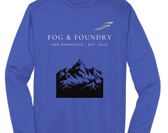 Maglietta a maniche lunghe performante con stampa della costa nebbiosa delle montagne — Idee regalo per la festa del papà / Fog & Foundry