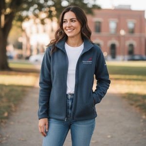 May include: A dark blue fleece jacket with a full-length front zipper, a high collar, and long sleeves. The left chest features a small red logo and the text FOG & FOUNDRY. The jacket is worn over a plain white t-shirt and light blue denim jeans.