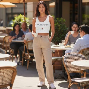 May include: A white sleeveless crop top featuring the text Fog & Foundry San Francisco Est 2021 with a small flower graphic, paired with high-waisted beige trousers and white sneakers. The top has a scoop neckline and a fitted silhouette.