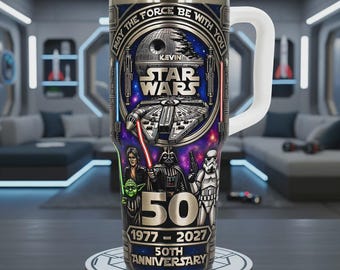 Aangepaste Star Wars 50e verjaardag 20oz beker 1977-2027 Death Star Vader gepersonaliseerde naam Kevin Sci Fi cadeau reisbeker drinkgerei