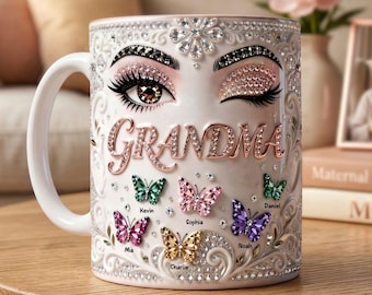 Personalized Grandma Mug Grandkids Names | Custom Butterfly Coffee Cup | Bling Rhinestone Eye Design Gift for Mom Nana Mimi Gigi
