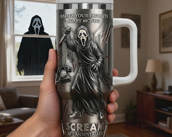Scream 30e verjaardag beker, horrorfilm fan reisbeker, Ghostface enge filmcadeau, gepersonaliseerde horror verzamel drinkgerei